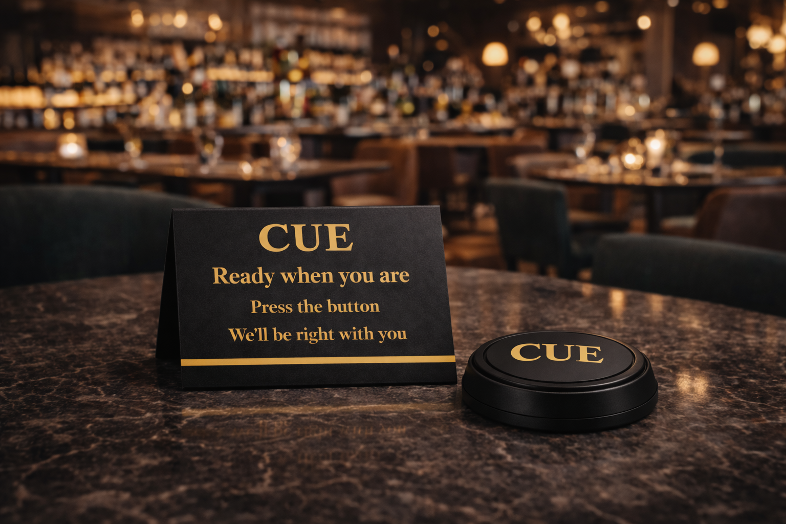 Cue button and table sign in a premium restaurant setting